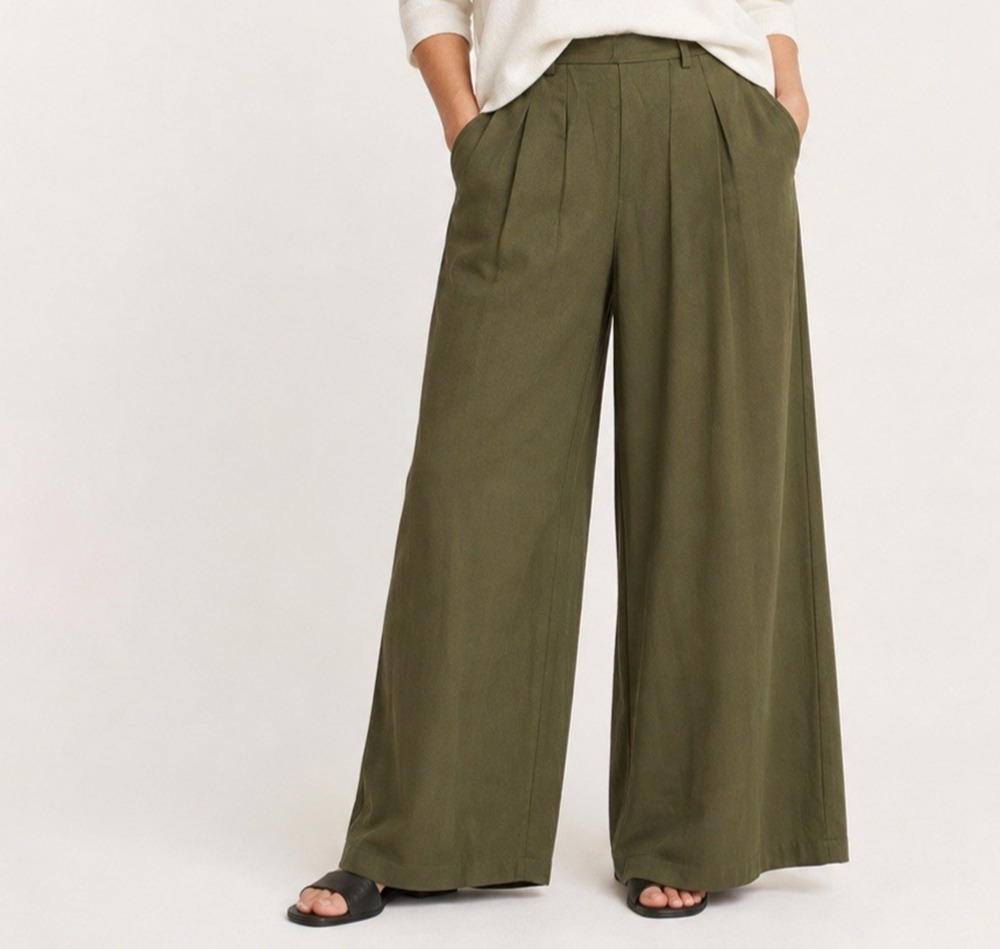 Eileen Fisher Heavy Tencel Twill Wide Leg Pants size 18 Olive Green (No Belt)
